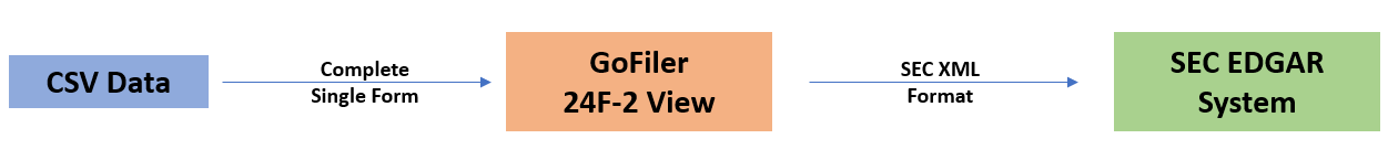 A graphical representation of the process of taking CSV data, importing it into GoFiler's 24F View and then transmitting it to the SEC EDGAR system.